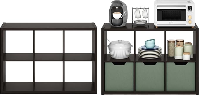 Furinno Cubicle Book Shelf Set of 2, 6-Cube Bookshelf, Black Dark Oak | 14.6 x 43.8 x 30, 1.2" Thick, Horizontal & Vertical Reversible Bookcase with Open Back, for Living Room, Bedroom, Home Office