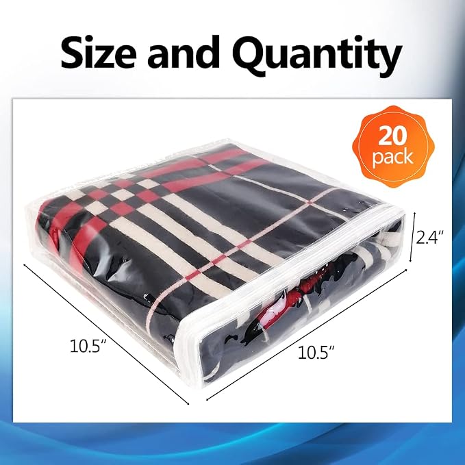 20Pcs Clear Vinyl Zippered Storage Bags, Small Blankets Storage Bags Plastic for T-shirt,Sweater Clothes, Thin Bed Sheet, Little Yarn etc Organizer with Zipper for Closet,10.5 x 10.5 x 2.4 Inch