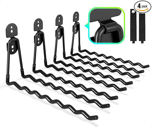 COCOYA Garage Hooks 11.8" Long with 2 Extension Storage Straps (4 Pack) | Interlocking Design, Wave-Shaped, Heavy Duty, Hanging Ladder Shovel Bike Garden Tool, For Shed Yard Garage, Black