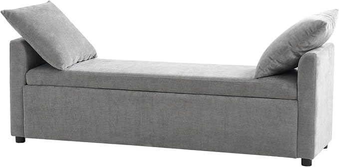 HULALA HOME 59" Storage Bench with 2 Throw Pillows & Armrests, Grey | Modern Long Bedroom Bench for End of Bed, Comfy Upholstered Fabric Footstool for Entryway Living Room
