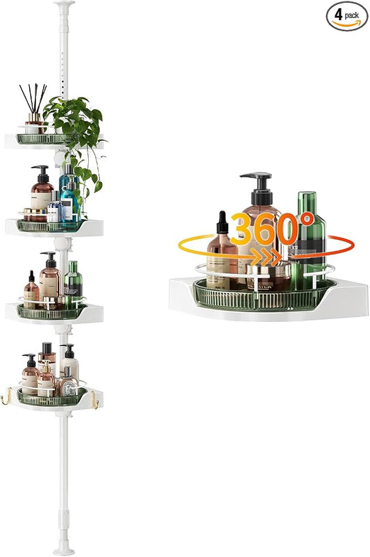AKINBAS 360° Rotating Shower Caddy Tension Pole with 4-Tier Rustproof Lazy Susan 35-128 Inch No Drilling Coner Shelves Adjustable Shower Rack for Bathroom Bathtub Washbasin Plant Storage (White+Green)