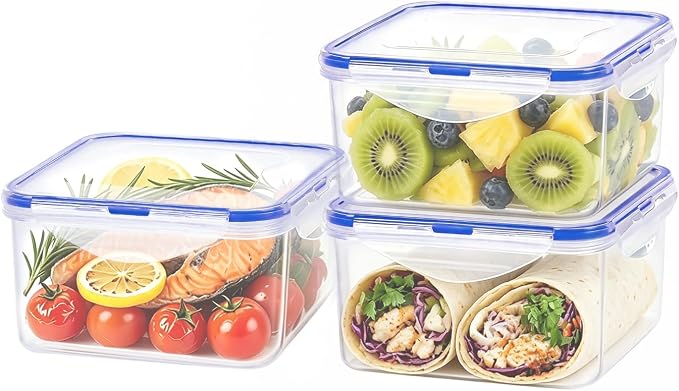 KIGI Food Storage Container, Medium, Set of 3 (5.2 Cup) | Leakproof & Airtight, Ideal for Lunch, Meal Prep, Leftover, Sandwich & Salad, 4-Sided Locking Lids, BPA-Free Plastic, 42 oz
