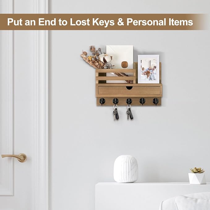 Key Holder Wall Mount, Mail Holder with Storage Drawer and 5 Key Hooks for Coat, Dog Leash, Home Decor Rack, House Accessories, Entry Way Organizer (Light Brown)