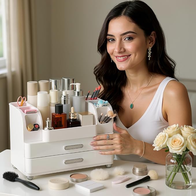Large Makeup Organizer Countertop with Drawers, Make Up Organizer for Vanity, Makeup Storage Organizer Countertop Makeup Organizers for Skincare, All White