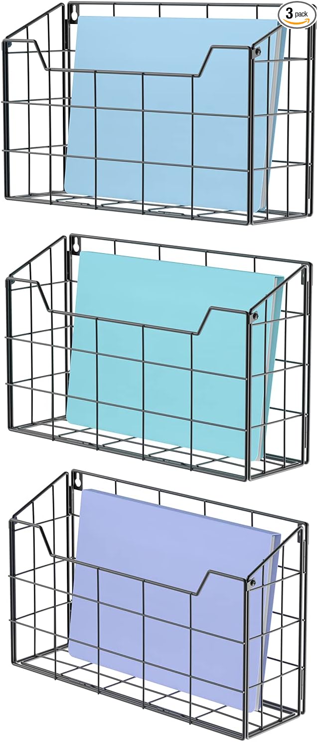 Univivi 3 Pack Wall File Organizer Rack 14 inch Hanging File Holder, Black | Metal Hanging Wall Files with Rubber Feet, PP Board Bottom Support, Mounts on Wall and Desktop File Organizer for Home Office