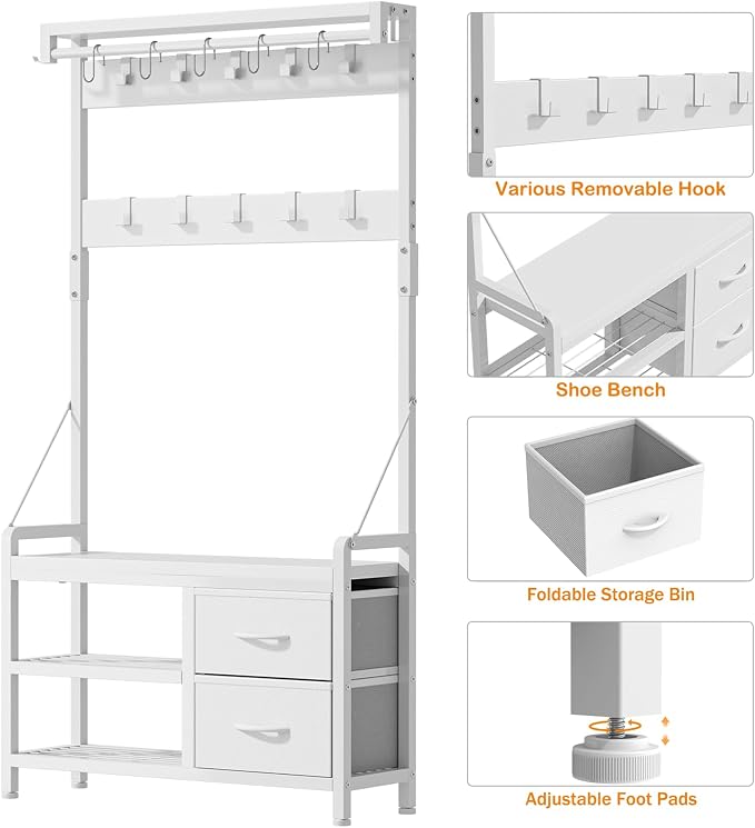 Hall Tree with Bench and Shoe Storage, 31.5” Coat Rack Freestanding | White, 5 in 1 Intelligent Design, 17 Hooks, 2 Drawers, Handy Clothes Rail