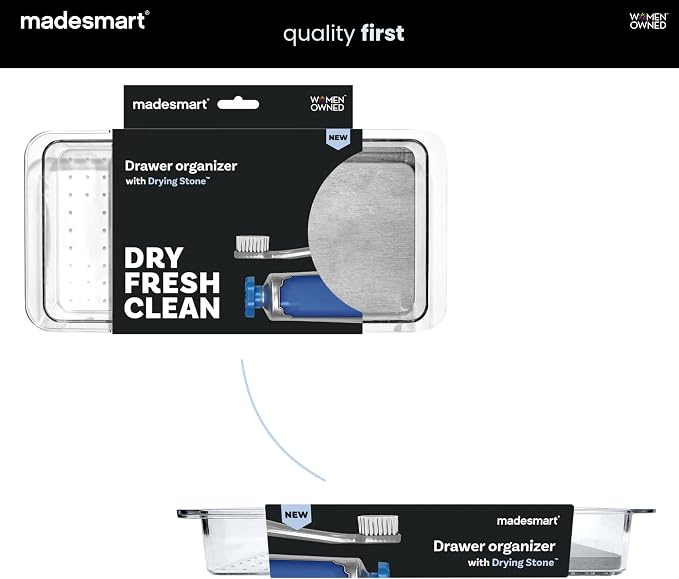 madesmart Drying Stone Drawer Organizer, Clear | diatomite, fast drying surface, divided layout, toothpaste floss, dental items, bathroom counter, woman owned