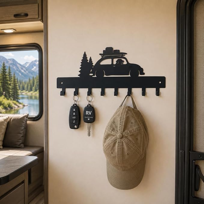 RV Decor Key Holder for Wall, Camper Key Rack with 8 Hooks, Black | Metal RV adventure decor with no-drill glue or screw mounting, ideal for entryway, hallway, living room, camper and RV