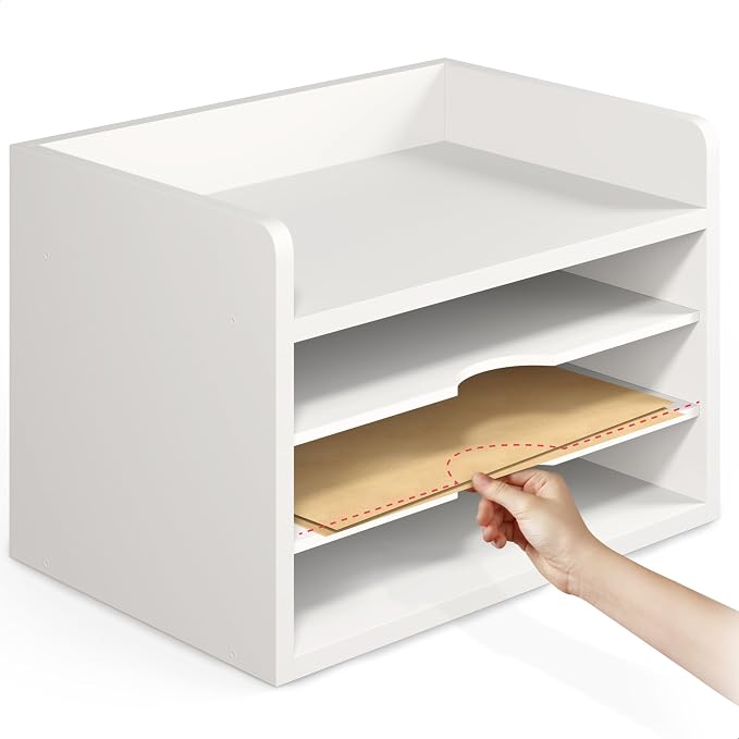 Ballucci File Organizer, 4-Tier Office Desk Organizer, Open Top Wood Paper Organizer for Classroom, Desktop Mail Sorter Paper Tray, White