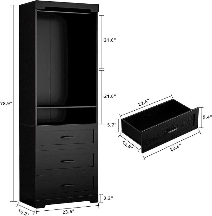 IRONCK Freestanding Closet System with Adjustable Shelves & 3 Drawers | Closet Organizer with Hanging Rod, Ideal for Bedrooms, Apartments and Small Closet Storage