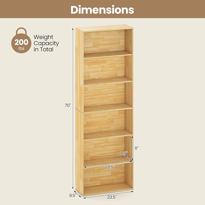 Giantex 6-Tier Bookcase, 70" Tall Wooden Bookshelf, Freestanding Storage Organizer w/Open Shelves, Anti-Tipping Kits, Modern Floor Standing Display Shelves for Living Room, Bedroom,Burlywood