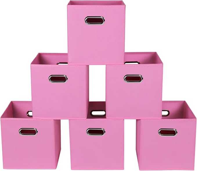 Fabric storage bins Cubes, Fabric Cube Organizer with Handle, Foldable Cube Bins for Cloth or Accessary Storage, 11x11x11, Set of 6, (Pink)