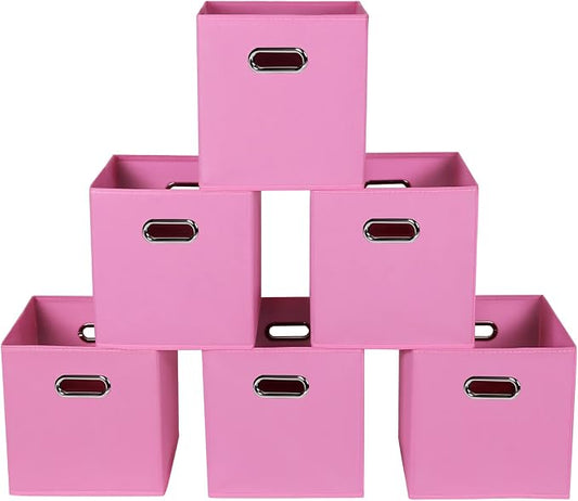 Fabric storage bins Cubes, Fabric Cube Organizer with Handle, Foldable Cube Bins for Cloth or Accessary Storage, 11x11x11, Set of 6, (Pink)