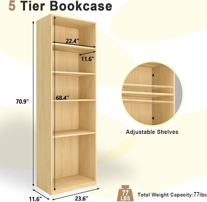 CTESNE【2026 Adjustable Shelves 5-Tier Bookcase, 71 inches, Wooden Open Display Floor Bookshelf (Oak Color)