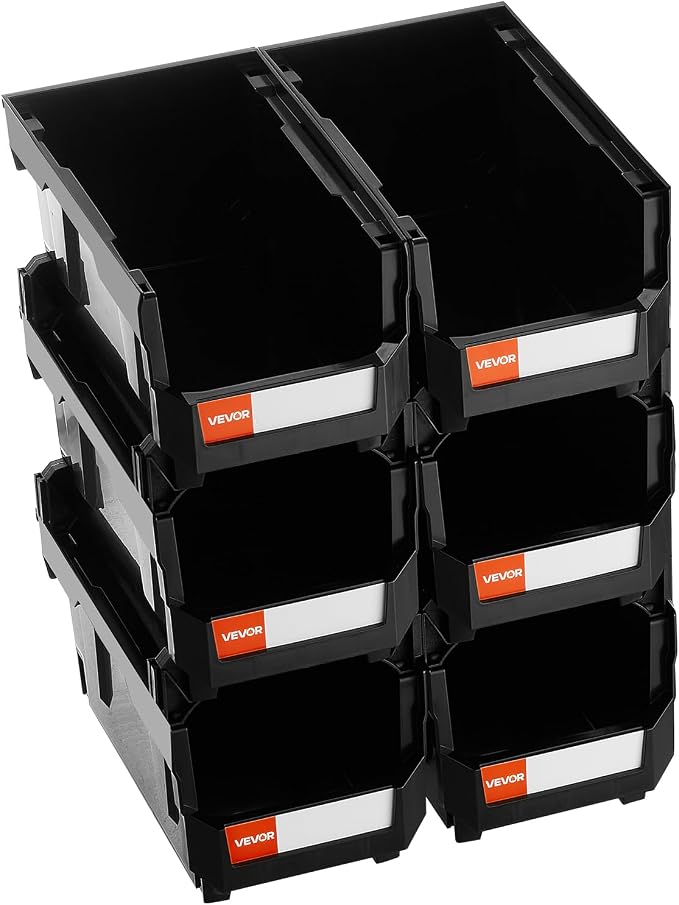 VEVOR Plastic Stackable Storage Bins, 14.8 x 8.5 x 7.1 inch (6 Pack), Plastic Containers for Organizing and Storage Bins for Closet, Garage, Small Parts, Office Supplies and Other Accessories, Black