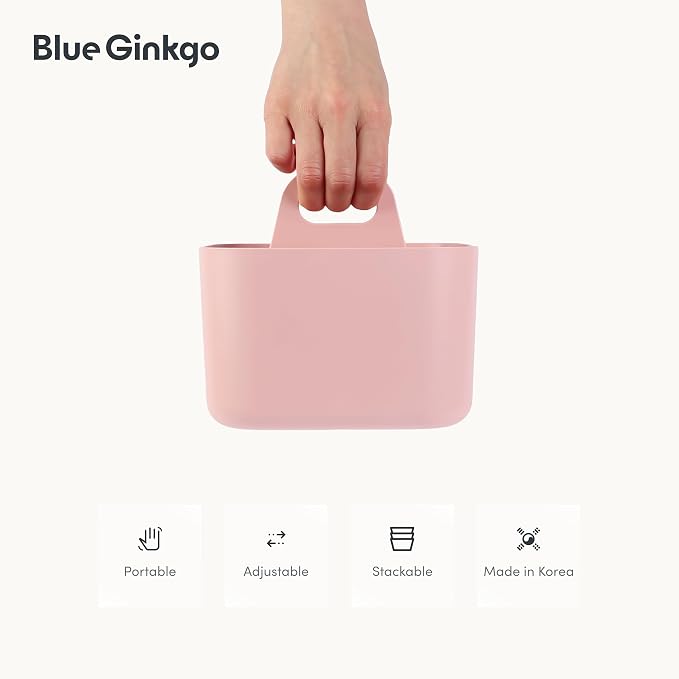 BLUE GINKGO Stackable Organizer Caddy, Square, Pink, Made in Korea | Portable. Adjustable. Home, Office & School Storage.