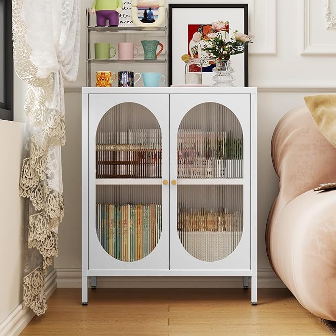 2 Translucent Door Metal Accent Storage Cabinet for Home, Living Room,Office Room,Kitchen-Metal Locker Cabinet with 1 Adjustable Shelves-2-Tier (White)