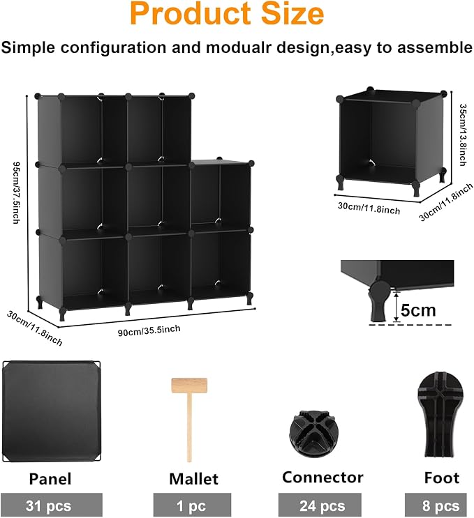 AWTATOS 8 Cube Storage Organizer, Closet Organizer Storage Shelf, Black | DIY Stackable Storage Cubes Shelves for Closet, Bookcase Bookshelf, Plastic Shelving for Bedroom, Home Office