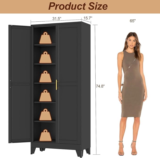 75" Black Metal Storage Cabinet with 2 Doors and 5 Adjustable Shelves,Steel Garage Tool Cabinet, File Cabinet,Kitchen Pantry Cabinet for Home,Office,Garage,School,Warehouse