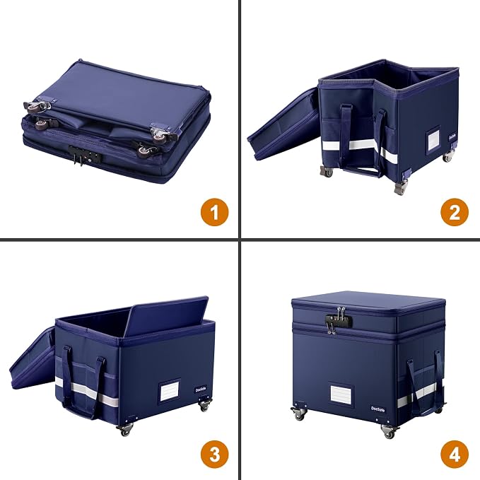 DocSafe File Box with Lock, 2-Layer Fireproof Document Box with Wheels,Collapsible File Storage Organizer with Pockets,Large Portable Office Filing Cabinet Hanging Folders,Blue,16''x13.8''x12.2''