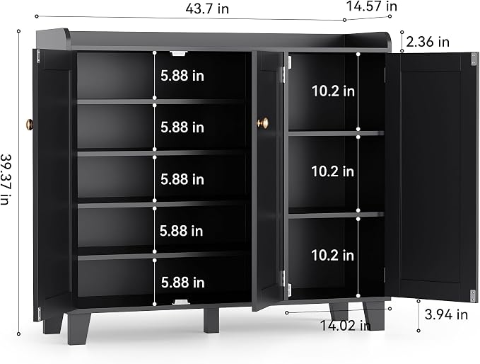 Shoe Storage Cabinet with 3 Doors and Adjustable Shelves，40 Inch Tall Farmhouse Flat-Shelf Wooden Shoe Cabinet，Shoe Rack Shoe Organizer Cabinet for Hallway Entryway Living Room （Black）