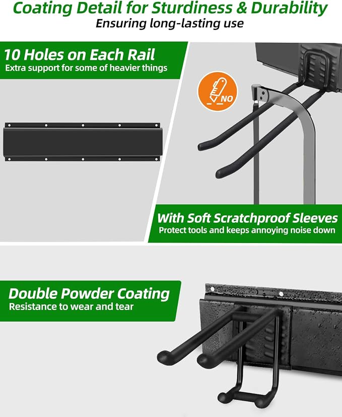 PIYILO Garden Tool Organizer 48 inches with 18 Garage Wall Hooks in 9 Types | Thick Alloy Steel, Adjustable Hooks, Wear & Tear Resistant, Soft Anti-Scratch Hook Sleeves, For Yard Tools, Shovels, Shed