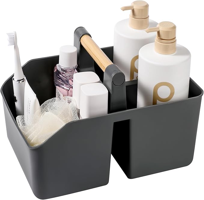 Plastic Shower Caddy, Portable Basket with Bamboo Handle, Dark Gray | Cleaning Caddy Organizer Tote for Bathroom, College Dorm Essentials, Bath Toy Storage, Cleaning Supplies