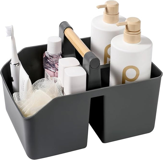 Plastic Shower Caddy, Portable Basket with Bamboo Handle, Dark Gray | Cleaning Caddy Organizer Tote for Bathroom, College Dorm Essentials, Bath Toy Storage, Cleaning Supplies