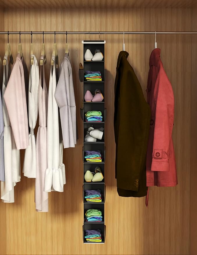 Libeder 10-Shelf Hanging Shoe Organizers with Side Pockets, Black | Hanging Closet Organizer with Side Pockets for Wardrode,Dorm, Folding Shoe Racks, Space Saving Hanging Shelves with Hooks