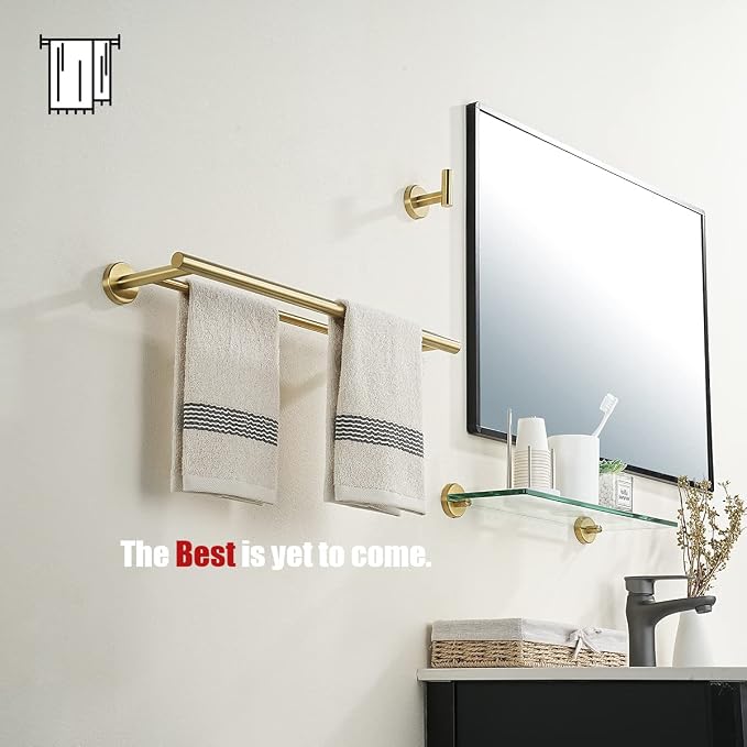 JQK Double Towel Bar 20.5 Inch, Brushed Gold Useable 18 Inch 304 Stainless Steel Thicken 0.8mm Towel Rack Bathroom, Towel Holder Wall Mount, TB100L18-BG