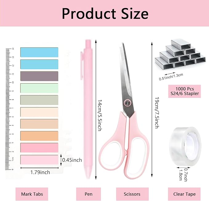 Office Supplies,Pink Desk Accessories,Office Supplies Set,Stapler and Tape Dispenser Set,Scissors,Staple Remover,Binder Clips,Staples,Ballpoint Pen,Index Tabs with Ruler,Clear Tape.9pcs for Office