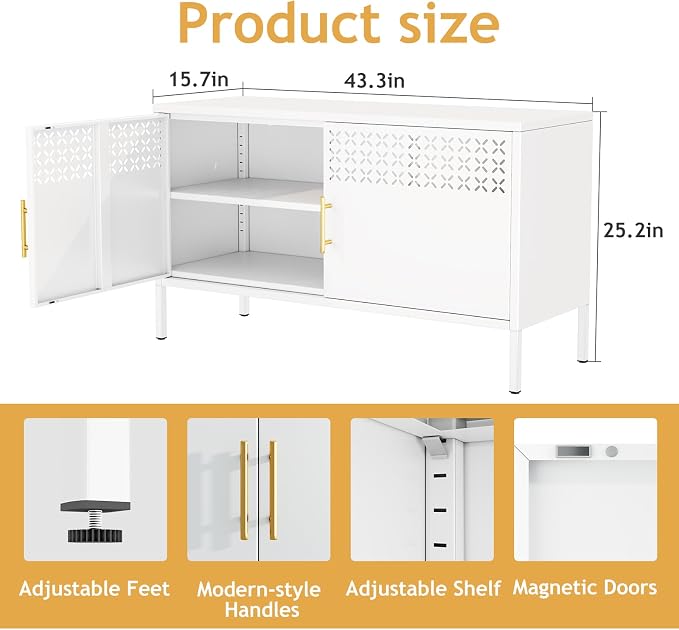 Metal Storage Cabinet, 2-Door Short Locker Cabinets with Adjustable Shelf, Magnetic Lock, Ventilated Doors, Steel Accent Sideboard Cabinet for Office Home, White