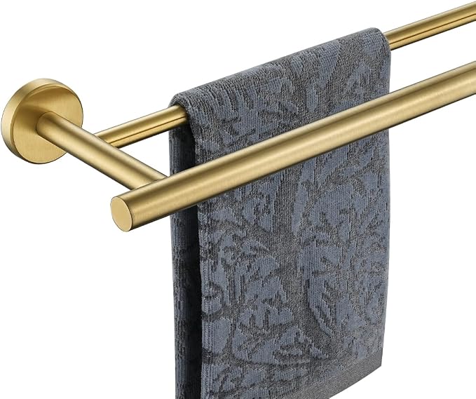 JQK Double Towel Bar Gold, 15 Inch 304 Stainless Steel Thicken 0.8mm Towel Rack Holder for Bathroom Washcloths and Hand Towels, Brushed Gold Wall Mount, Useable Length 12 Inch, TB100L12-BG