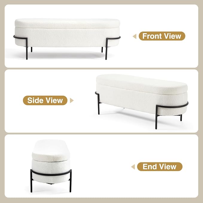 FiveWillowise 52 Inch Sherpa Storage Ottoman Bench,End of Bed Bench | Upholstered Boucle Storage Bench with Storage,Metal Stand and Hinges,Oval Ottomans for Living Room,Bedroom,White