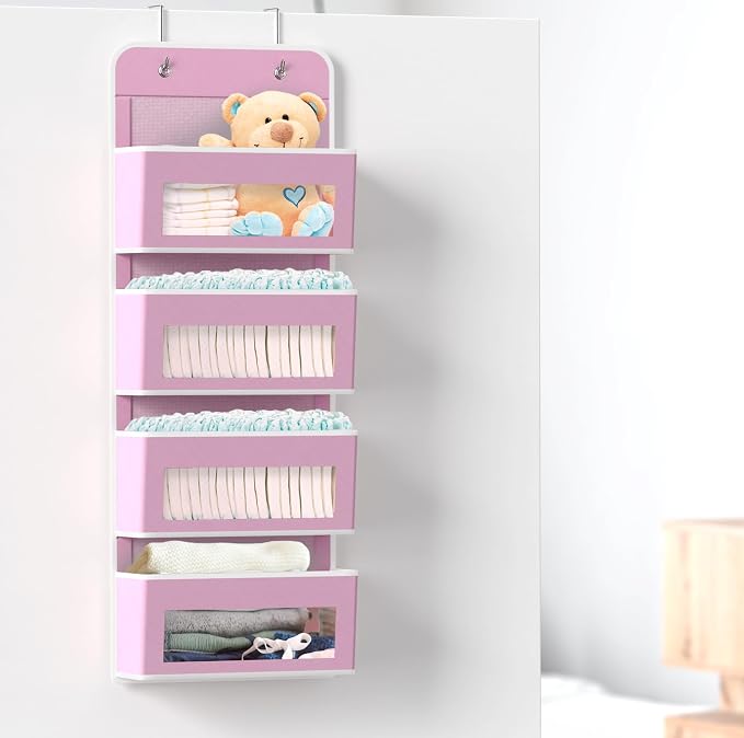 Simple Houseware 4 Clear Window Pocket Over Door Hanging Organizer, Pink | Over the Door Storage for Closet, Bedroom, Bathroom, Pantry