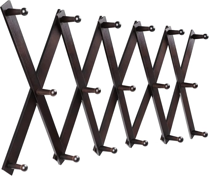 Accordion Wall Hanger, Hat Hangers Wall Mounted, Wood Accordian Coat Rack with 17 Hooks, Expandable Peg Rack Wall Organizer for Hanging Baseball Caps, Hats, Purse, Coffee Cup, Bag, Walnut