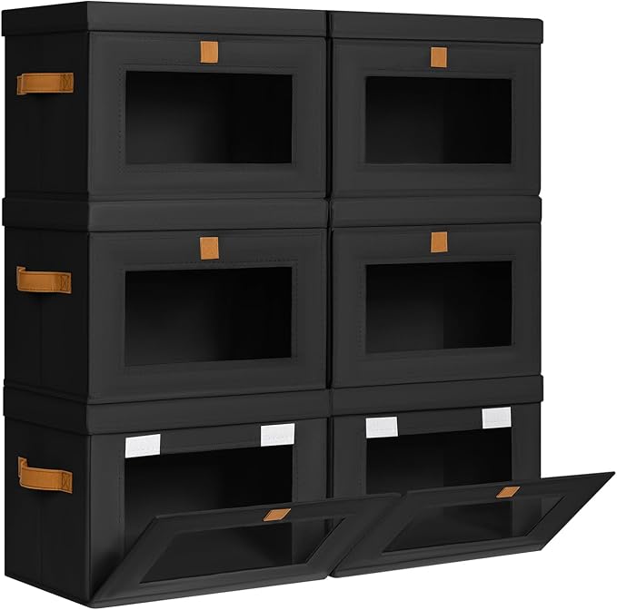 DIMJ Storage Bins with Lids - 6 Pack Front Opening Stackable Fabric Storage Boxes with Clear Window & Handles, Collapsible Closet Organizers for Clothes, Sweaters, Shelf Storage, Bedroom, Black