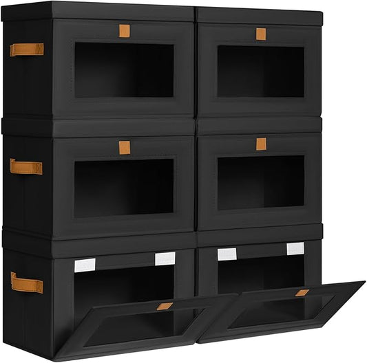 DIMJ Storage Bins with Lids - 6 Pack Front Opening Stackable Fabric Storage Boxes with Clear Window & Handles, Collapsible Closet Organizers for Clothes, Sweaters, Shelf Storage, Bedroom, Black