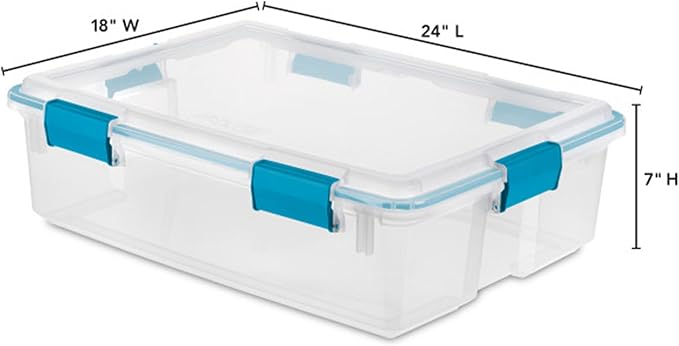 Sterilite Gasket Storage Box with Lids for Home & Office, 37 Quart, 16-Pack | Heavy-Duty, Stackable, and Organizing Containers for Bathroom, Cabinet, Closet, and Garage, Clear and Blue Aquarium Latches