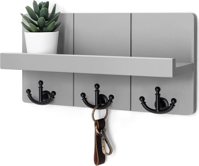 Rebee Vision Key Holder Wall Mount with 3 Key Hooks for Entryway,Light Gray | Key Holder for Wall, Anchor Key Hanger, Floating Shelf, Plant Display, Mail Organizer, Rustic Home Decor, Storage Accent