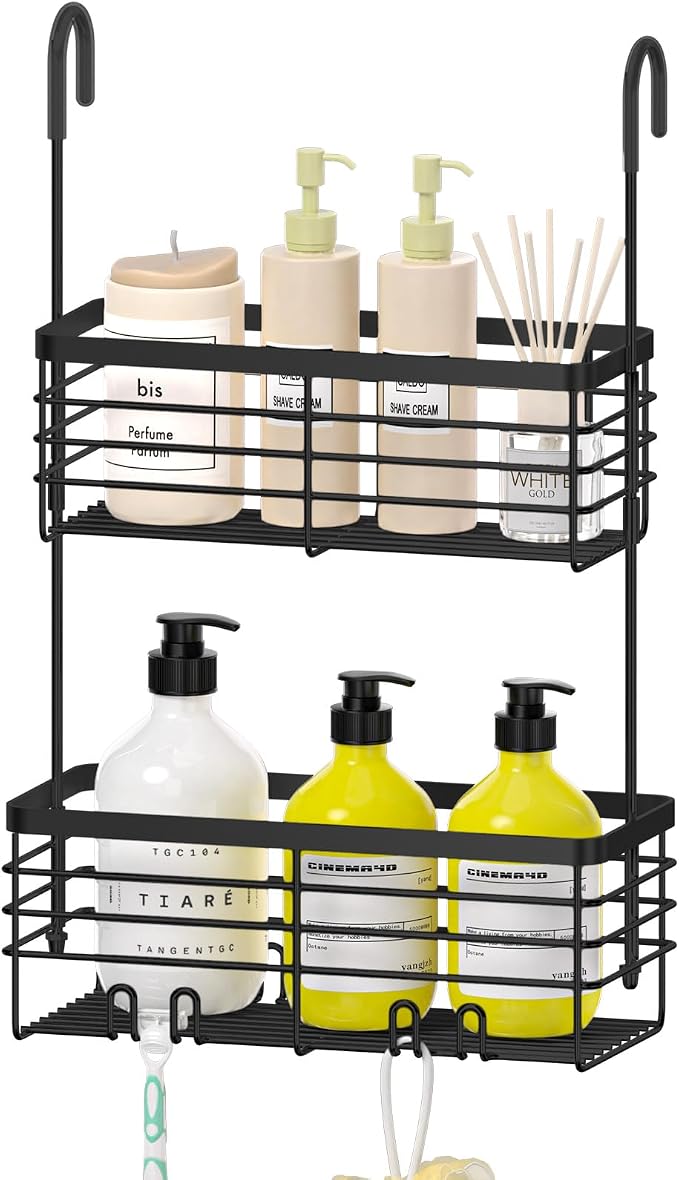 DELLAN 2-Tier Shower Hanging Caddy, Shower Rack with Hooks, Black | Over the Door Stainless Steel Hanging Orangizer and Basket