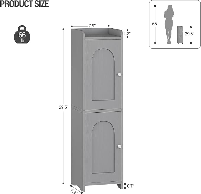 Hzuaneri Bathroom Storage Cabinet, Small Corner Floor Cabinet with 2 Doors | Narrow Toilet Paper Cabinets with Adjustable Shelf, Bathroom Organizer for Small Spaces, 7.9" D x 7.9" W x 29.5" H Gray