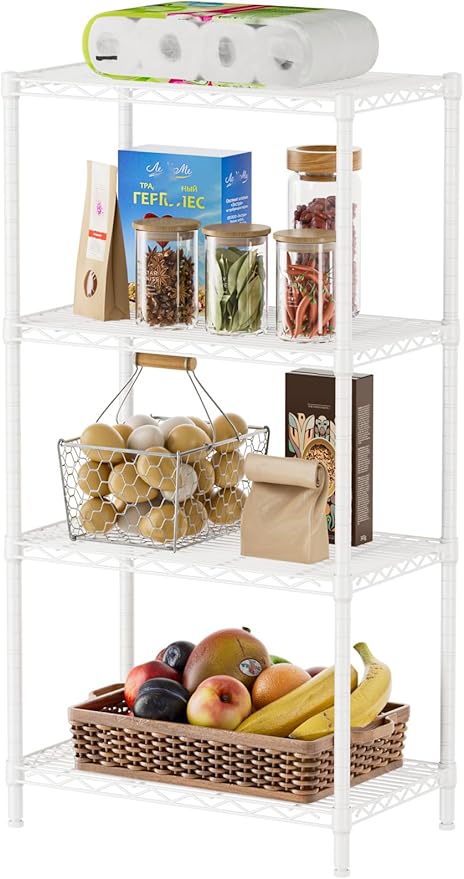 SINGAYE 4 Metal Shelves Wire Shelving Storage Shelf Adjustable Unit Pantry | 4 Tier Kitchen Laundry Room Organization Home Pantry Closet Bathroom Organizers Garage Rack 14" D x 24" W x 48" H White