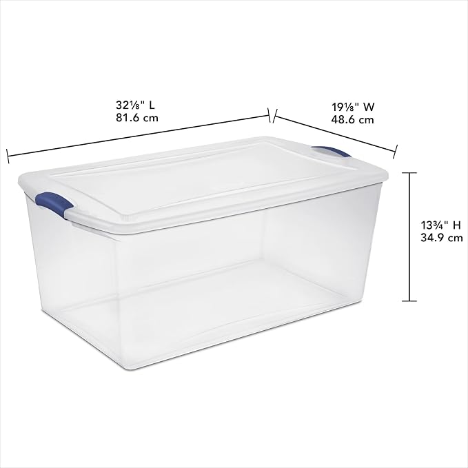 105 Quart Clear Plastic Latching Storage Bin with Latch Lid, Blue | Stackable Design, Secure Color Latches, 32x19x14 cm External, Seasonal & Gear Storage, Compatible with 66-Qt Lid