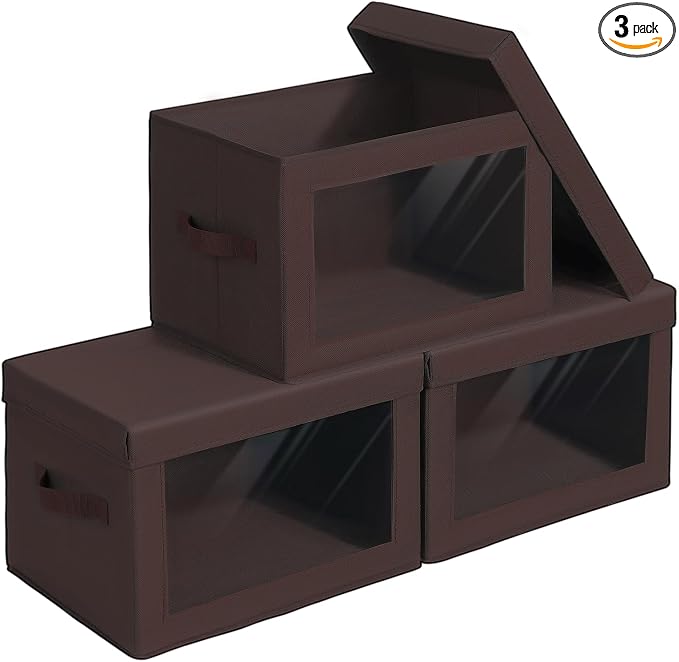 Homsorout Foldable Storage Boxes with Clear Window - Clothes Organizers and Decorative Bins with Lid, Fabric Storage Cube, Baskets for Shelves, Yarn, Home, Brown, 3 Pack