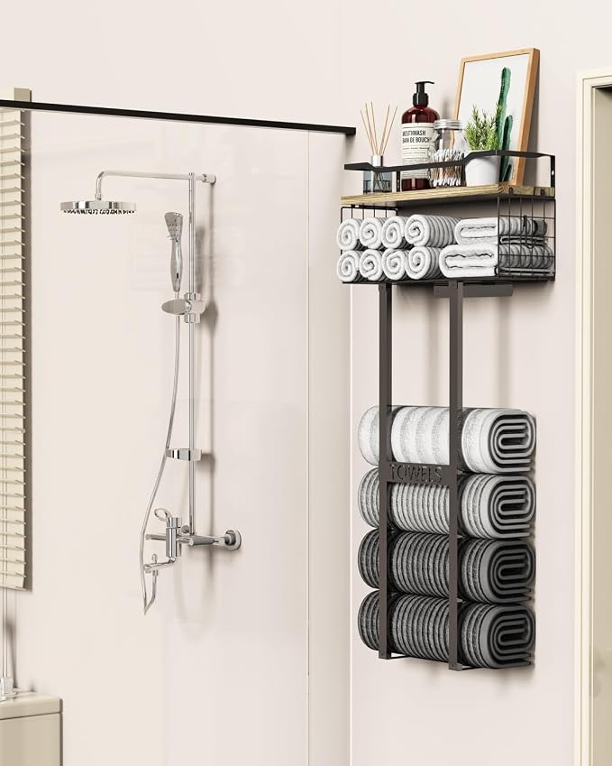 Aetyord Towel Racks for Bathroom - Wall Mounted Metal Rack with Wood Plank, Bathroom Storage Organizer, Towel Holder Stores 6 Large Rolled Towels Easily, Black with Wood Plank