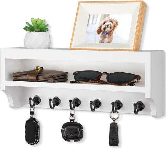 Nekon Key Holder Wall Mount, 12.8" W x 5.6" H x 3.7" D Wall Mounted Key and Mail Organizer with 6 Key Hooks, Key Racks for Home Entryway Decor (White)