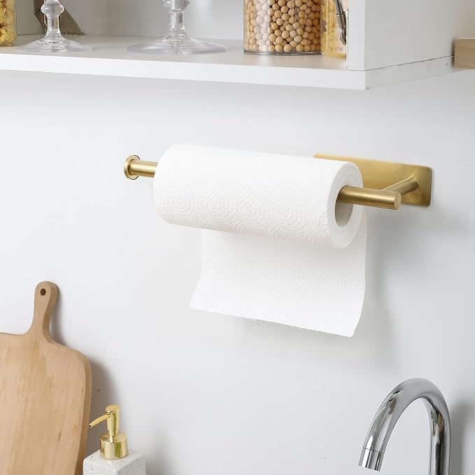 theaoo Under Cabinet Paper Towel Holder for Kitchen, Adhesive, Gold | Wall Mounted Paper Towel Roll Rack for Bathroom or Kitchen, SUS304 Stainless Steel, Self-Adhesive or Screw Installation