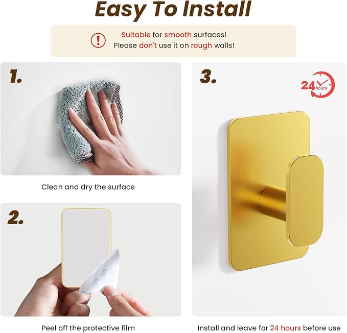 Large Heavy Duty Wall Hooks - 26lb Max, Stainless Steel Adhesive Towel Hooks for Hanging Towel, Coat, Robe, Hat, Sticky Towel Holder for Wall Mount in Bathroom, Shower, Kitchen (Gold, 2 Pack)