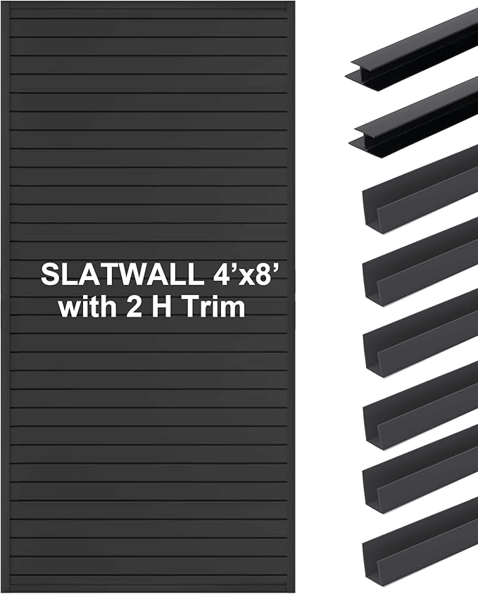 FRAYSCENT Slat Wall Paneling Garage Wall Organizer, Slatwall Panels Garage Tool Organizer Wall Mount Garage Slat Wall Storage Systems, Slat Board PVC Wall Panels (Black, 8ftx4ft with 2H Trim)